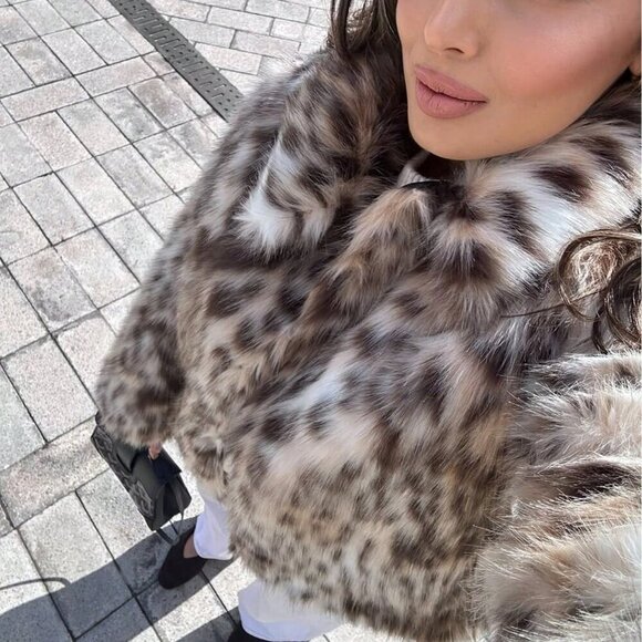 Brown Women's Elegant Leopard Print Faux fur  Side Pockets Coat - Picture 2 of 9